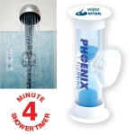 A transparent hourglass shower timer with blue sand, featuring a logo, alongside a shower head with water flowing.