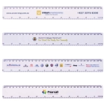 A white 30cm ruler with various logos and branding, featuring measurement markings along the edges.