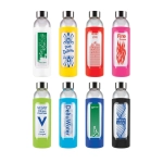 A collection of colorful drink bottles featuring various designs and logos, with clear, pink, blue, yellow, and red silicone sleeves.