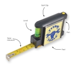 A yellow and black contractor tape measure with a level, pen, and pad, featuring a logo and a belt clip.