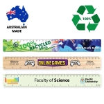 A 30cm recycled ruler in multiple colors with various designs and a logo, highlighting its eco-friendly features.