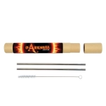 A set of stainless steel straws in a brown tube, accompanied by a cleaning brush. The straws are silver in color.