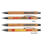 A collection of bamboo pens in silver and gunmetal colors, featuring various logos.
