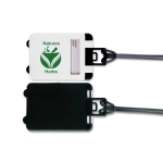 A luggage tag featuring a white front with a logo and a black back, attached with a clear strap.