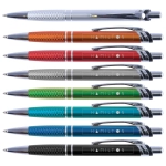 A collection of Hamilton metal pens in various colors: silver, red, orange, gray, green, blue, and black. Each pen features a logo.