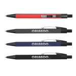 A set of four metal pens in red, gray, blue, and black featuring branding on the barrel.