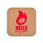 A square cork coaster featuring a red flame design alongside the text "HELLS COFFEE HOUSE."