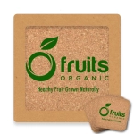 A square cork coaster with a natural brown color featuring a green logo and text. Set of four coasters included.