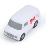 A white stress reliever in the shape of a transit van, featuring the text "Apex Couriers" and "same day delivery."