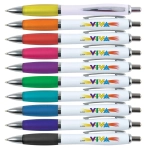 A collection of plastic pens with white barrels in various colors including purple, orange, pink, and blue, featuring a logo.