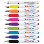 A collection of ten Viva Stylus Pens in various colors, including white, yellow, pink, green, and blue, with a branding logo.
