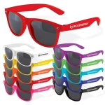 A variety of sunglasses in red, white, purple, orange, green, and pink, featuring a logo on the side.