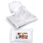 A pack of white wet wipes with a flip-top lid, featuring a partially pulled-out wipe and a logo on the packaging.