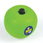 A green apple-shaped stress reliever with a black top and a logo on one side.