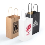 Three small paper bags in brown, white, and black, featuring various designs and logos, with handles.