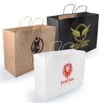 Three extra large paper bags in brown, black, and white with handles and various logos.
