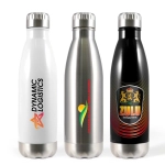 A drink bottle trio featuring a white, a silver, and a black design, each with branding.