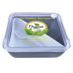 A lunch box with a transparent lid featuring a fork, labeled with "Organic Food" and a slogan promoting healthy eating.