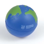 A two-color stress reliever in the shape of a globe, featuring blue and green sections with a logo.