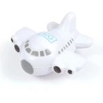 A white airplane-shaped stress reliever featuring a logo on the body.
