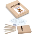 A colored pencil set in a cardboard box, featuring pencils in various colors and drawing sheets. Includes a sharpener.
