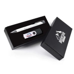 A gift set featuring a silver pen and a black flash drive, presented in a black box with a logo.