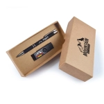 A black pen and a USB drive inside a brown cardboard gift box, featuring a logo on the items.