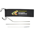 A drink bottle accessory set featuring three stainless steel straws, a cleaning brush, and a black pouch with a logo.