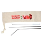 A set of metal straws in silver, including a bent straw, a straight straw, and a cleaning brush, in a beige pouch with a logo.