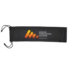 A black microfiber drawstring pouch featuring the logo of Molinar International Machines.