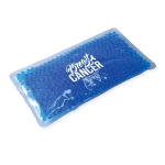 A gel bead hot and cold pack featuring a blue design and the text "Breast Cancer Awareness."
