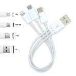 A white 3 in 1 combo USB cable with Micro, 8 Pin, and Type C connectors, featuring a USB plug.