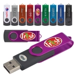 A collection of colorful swivel USB flash drives in various designs, featuring a logo on a purple drive.