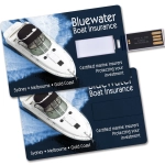 A credit card-sized flash drive featuring a boat image, with a dark blue background and a logo.