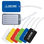 A set of colorful luggage tags in blue, red, yellow, green, and black, featuring a clear ID window and a logo.