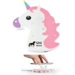 A unicorn-shaped custom wireless charger with a pink mane and colorful horn, featuring the text "Uni Mobile."