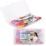 A cleaning kit featuring a microfibre lens cloth and a clear case, with a colorful design and a keychain.