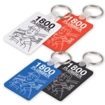 Four keytags in white, red, blue, and black, featuring an illustrated plumber and a keyring attachment.