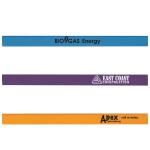 Three promotional pencils in blue, purple, and orange, each featuring different branding logos.