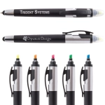 A collection of pens and stylus highlighters in black and metallic colors, featuring a variety of vibrant ink tips.