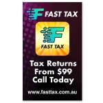A promotional poster featuring a logo, vibrant colors, and text about tax return services, including a call to action.