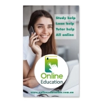 A smiling woman talking on the phone while sitting at a desk, featuring a circular logo with branding.