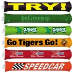 A collection of inflatable bang bang sticks in various colors including green, orange, and red, each featuring different logos and text.
