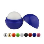 A blue lip balm ball with a removable top, featuring a smooth white balm inside. Available in multiple colours.