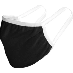 A black face mask with white straps, featuring a simple design and one logo placement.