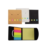 A collection of three sticky note pads in brown, white, and black, featuring colourful notes inside. Each pad has a logo.