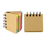 A notepad with a brown cover and colourful inner pages, featuring a spiral binding and a plain side view.