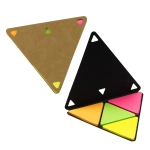Two triangular sticky note pads in tan and black, featuring colourful triangle-shaped flags in neon yellow, pink, and green.