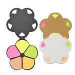 A set of flower-shaped sticky notes in pink, yellow, green, orange, and white, with a black and brown backing.