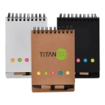A Jotty Sticky Note Pad set featuring three notepads in white, black, and kraft with a branding logo and multicoloured sticky dots.